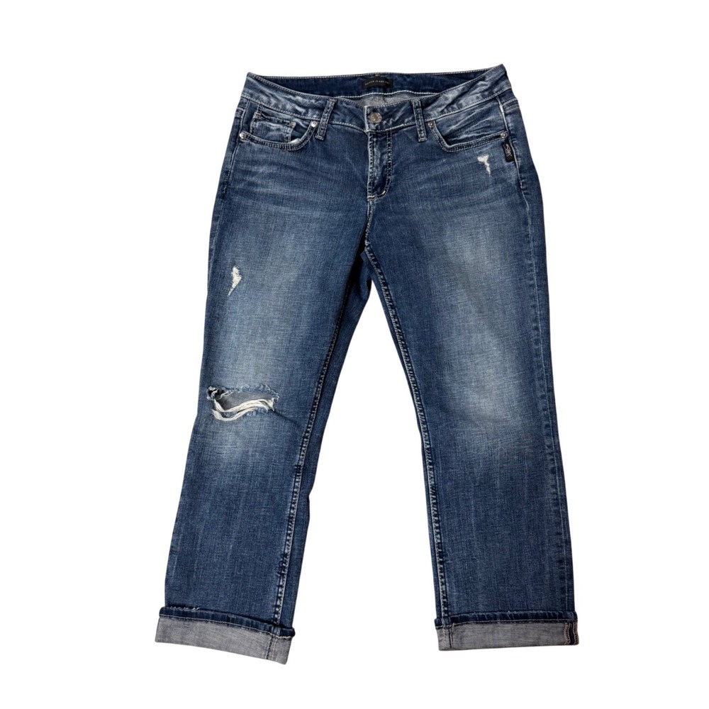 Silver Jeans Co Elyse Capri Medium Wash Distressed Denim W30 L22.5